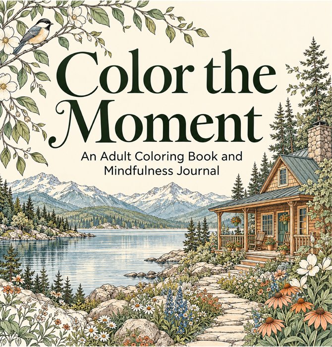 Color the Moment by Becca Quinn, with a cabin beside a mountain lake and wildflowers